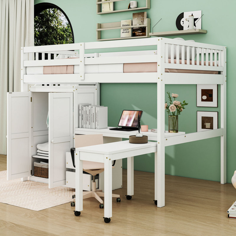 Lit mezzanine à deux tiroirs avec bureau intégré, tablettes de rangement et garde-robe, Double, Blanc