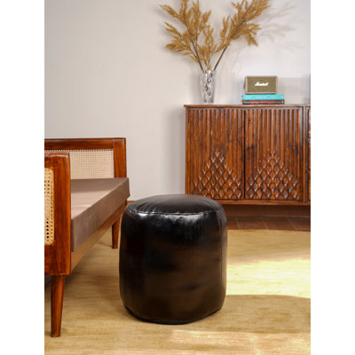 POUF BOFFALO NOIR EN FABRICATION RONDE À LA MAIN DE 18 po x 18 po x 18 po, de forme ronde, de couleur unie noire, en cuir de buffle Genunie, rembourré de coton recyclé, repose-pieds pour le salon, la salle d'étude, Patio et bureau