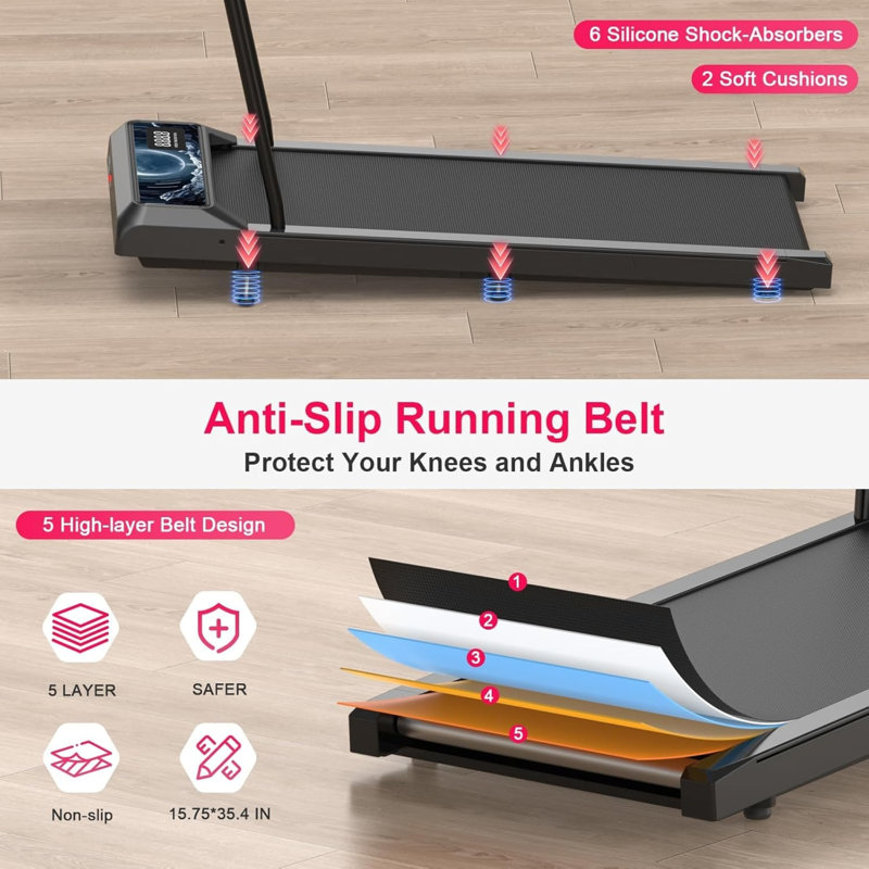 Tapis de marche compact avec poignée amovible, inclinaison de 8% et support pour application, orange
