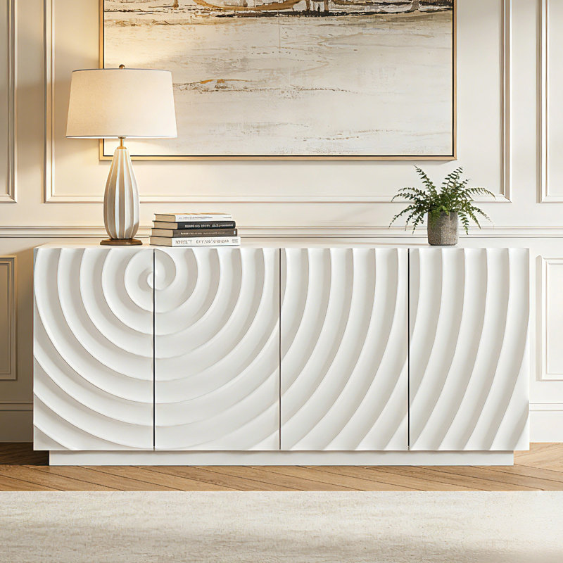 Buffet moderne à 4 portes avec motif ondulé sculptural et tablettes de rangement, White