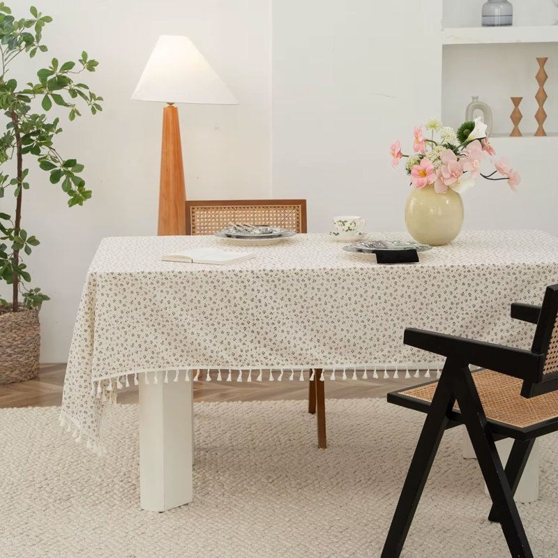     Spring Floral White Cotton Tablecloth with Tassel – 56" W X 88" L, 88" L x 56" W