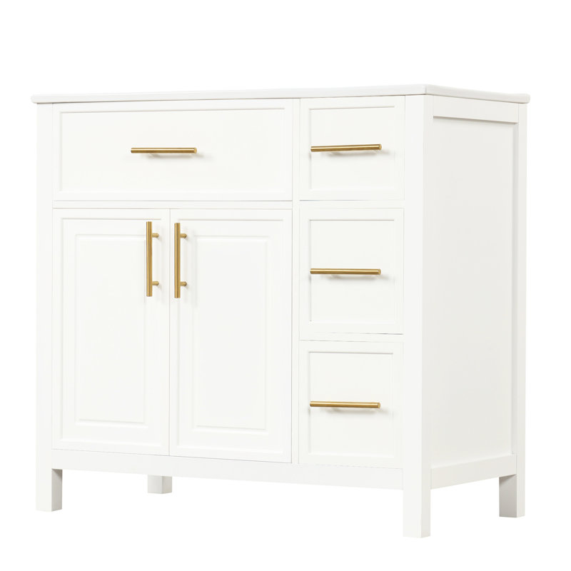 Meuble-lavabo de 36 po avec lavabo en bois massif et trou de robinet de 8 po, 2 portes, 3 tiroirs, lavabo blanc - blanc, armoire à deux portes et trois portes en céramique