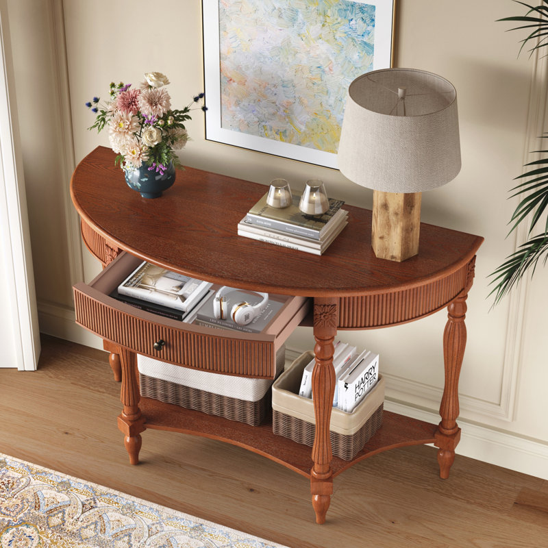 Console demi-lune avec tiroir et tablette, Rustic Brown, Brun rustique, Rustic Brown