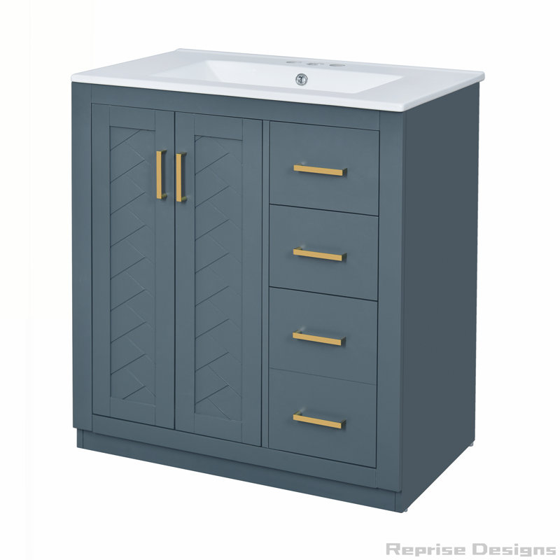 30'' Solid Wood Frame Bathroom Storage Vanity Cabinet with Ceramic Sink, Soft Closing Doors, Blue