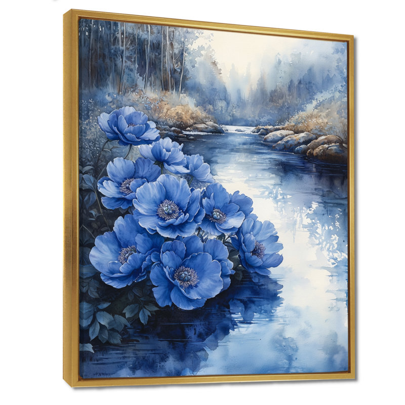 Bleuet sur fond bleu - Pivoines, H 44 po x l 34 po, Reproduction avec cadre flottant, Doré