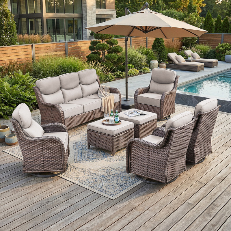 7 Piece Wicker Patio Furniture Set With 6" Thick Cushion - Outdoor Swivel Rocker Chairs Set With 3 Seat Sofa And Ottomans, Patio Conversation Sets Proch Furniture For Balcony Deck