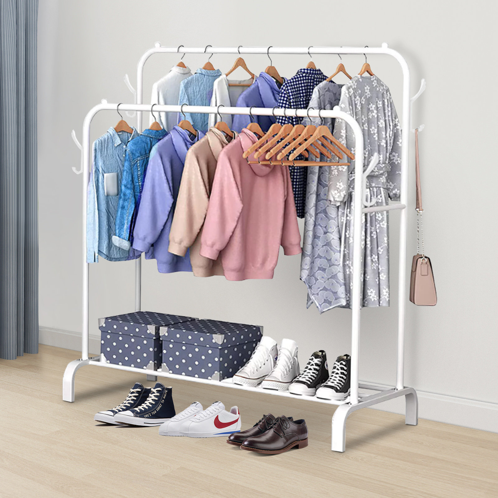 Rebrilliant Clothing Rack, Double Rod Garment Rack, White | Wayfair