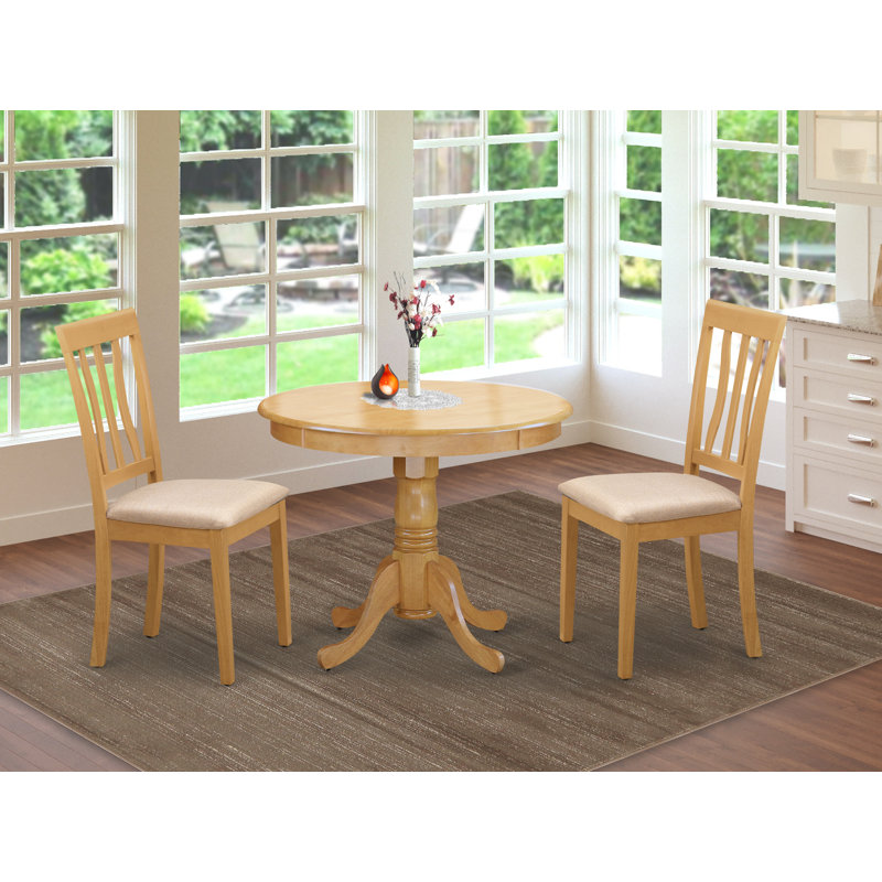 3 Piece Kitchen Table & Chairs Set Contains a Round Dining Room Table with Pedestal and 2 Linen Fabric Dining Room Chairs, Oak