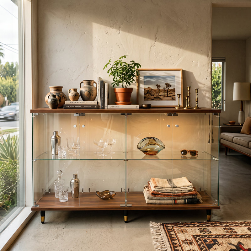 Buffet moderne en verre de 63 po avec armoire en verre trempé, plateau et base en grain de bois de noyer, bande lumineuse à DEL multicolore avec application et télécommande, armoire de rangement pour présentoir