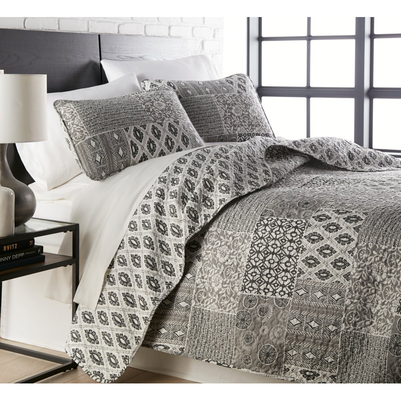 Global Patchwork Collection Microfiber Quilt Set, King Quilt + 2 King Shams, Gray