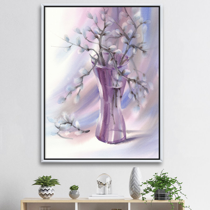 Branches de saule dans un vase en verre violet - reproduction d'art sur toile, H 32 po x l 24 po x P 1 po