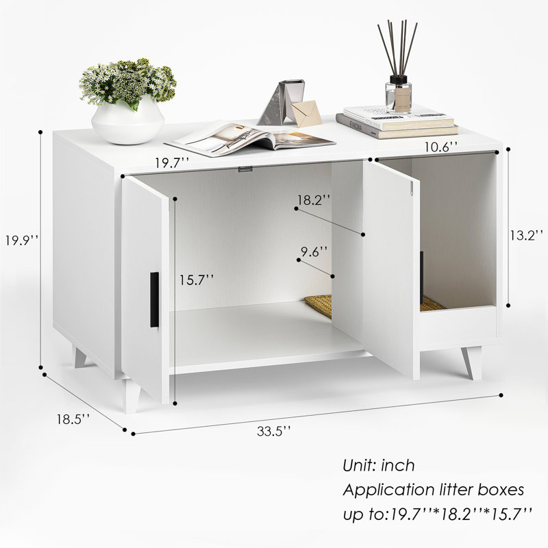 Litière cachée multifonctionnelle pour chat, fabrication de panneau de particules blanc, L 33,5 po x P 18,5 po, compartiment intérieur pour les boîtes, boîte Scratch, robuste et à assemblage rapide avec bloc-notes, principale