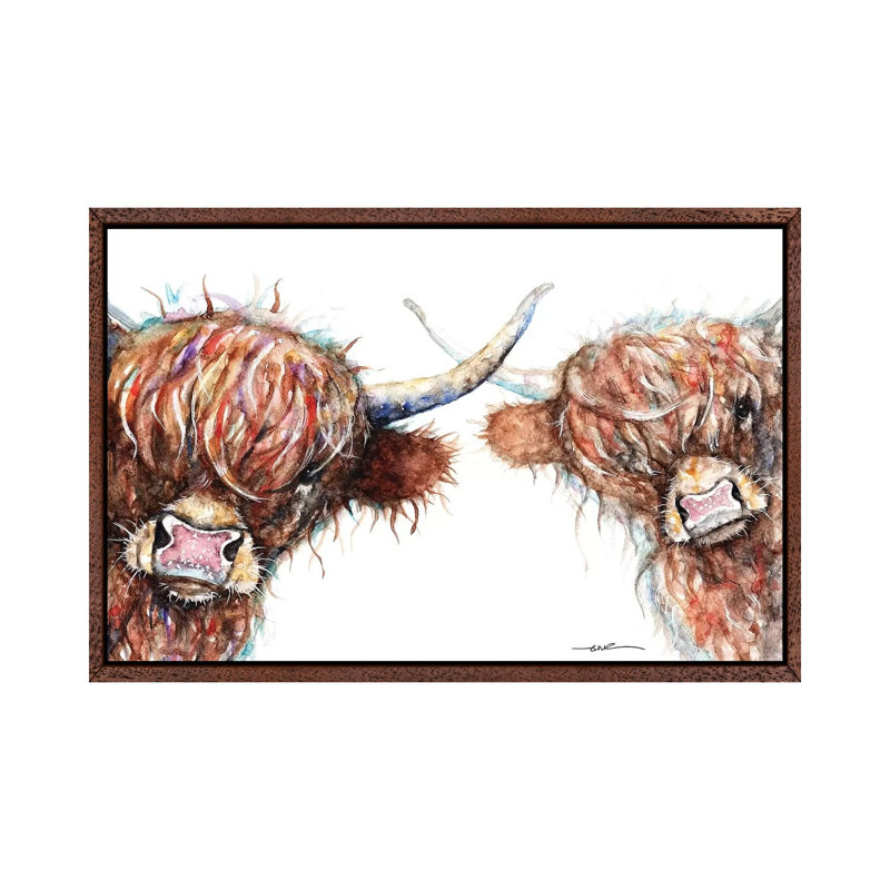 Curious Highland Cows - Painting on Canvas, Classic Brown Wood Framed, 45.72cm H x 66.04cm W x 3.81cm D