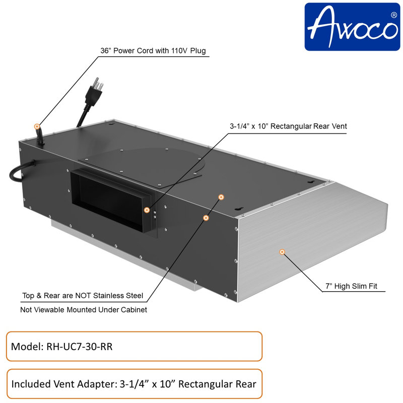Hotte sous un meuble à conduit 30 pouces avec filtre à chicane et lumière incluse Awoco RH-UC7-30