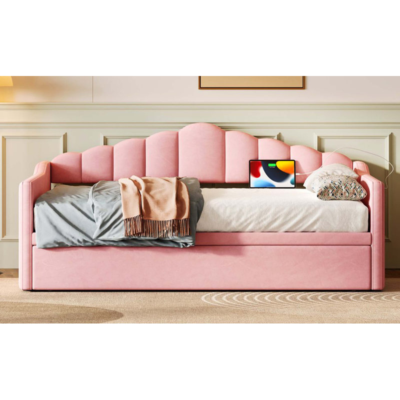 Lit de jour simple rembourré rose avec lit gigogne escamotable à hauteur réglable, port de charge USB et Type-C, 2 poches latérales, aucun sommier nécessaire