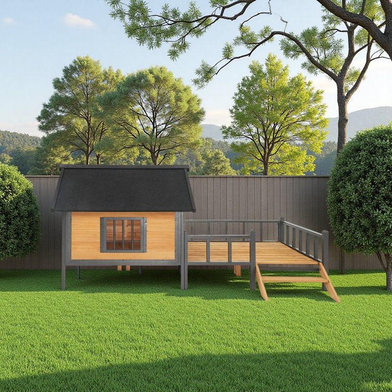 Chien d'extérieur en bois de style chalet de maison de 67 po avec toit en asphalte imperméable surplomb, Brun jaune