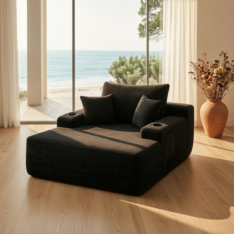 Méridienne moderne à accoudoirs carrés en velours côtelé de 47 po Modern, Black
