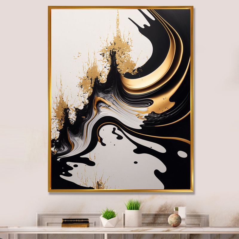 Azareth, vague noire et dorée - art mural abstrait pour le salon, H 44 po x l 34 po x P 1,5 po, Toile avec cadre flottant or