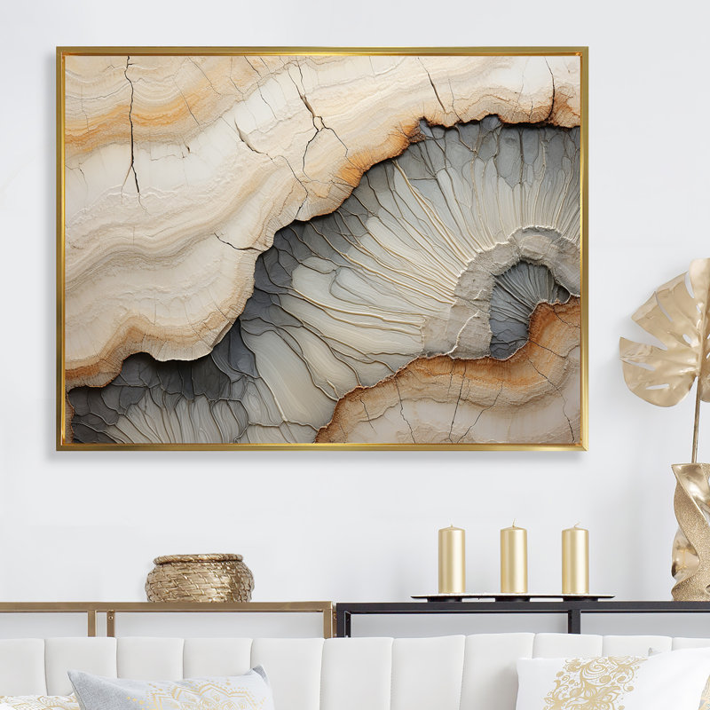 Pierre de minimalisme beige et orange Geode II sur toile, H 34 po x l 44 po x P 1,5 po, Cadre flottant doré