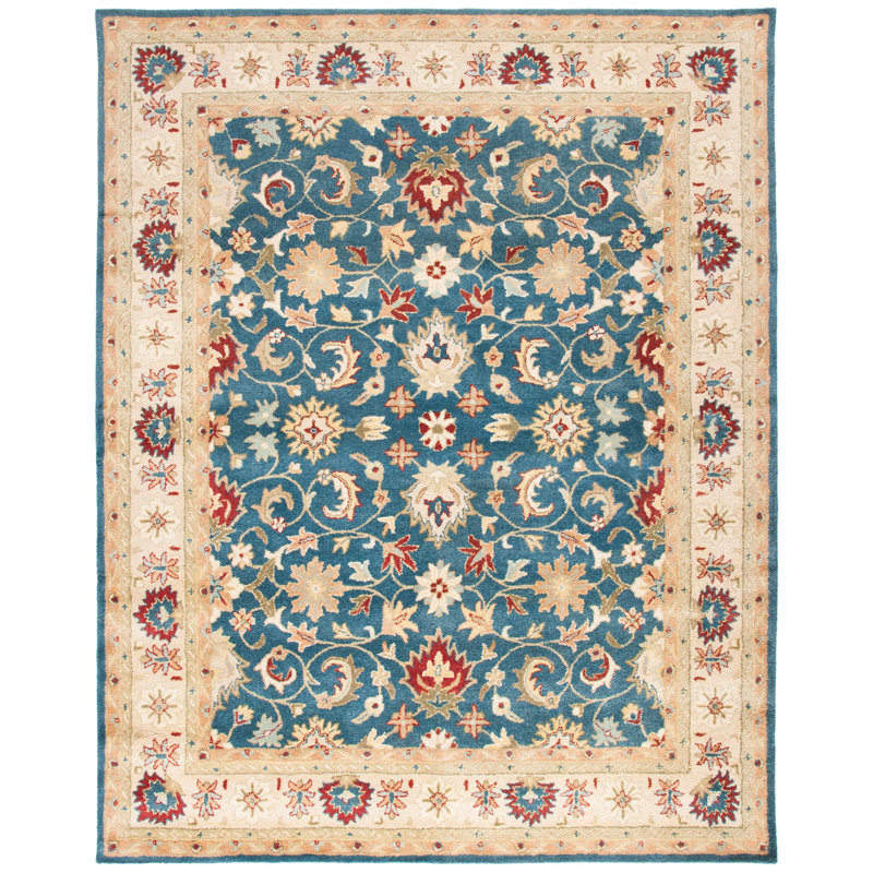 Elegant Blue and Beige Oval Wool Tufted Area Rug 7'6" x 9'6"