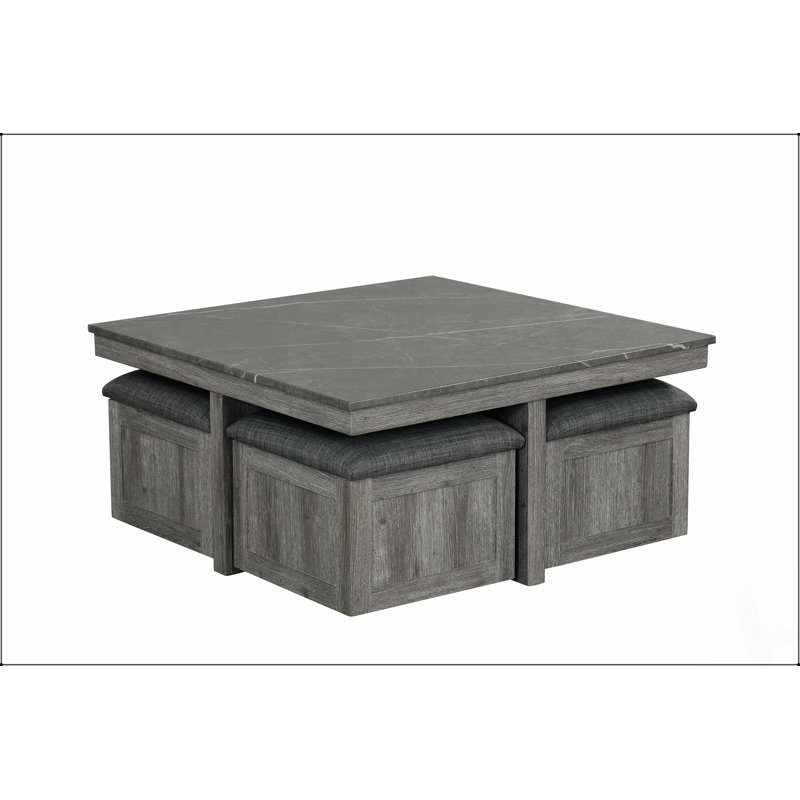 Ensemble de tables basses 5 pièces avec plateau en faux marbre, plateau relevable et 4 tabourets de rangement pour espaces de vie modernes