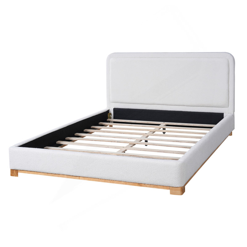 Base de lit grand format avec tête de lit courbée rembourrée Boucle, base en bois, blanc