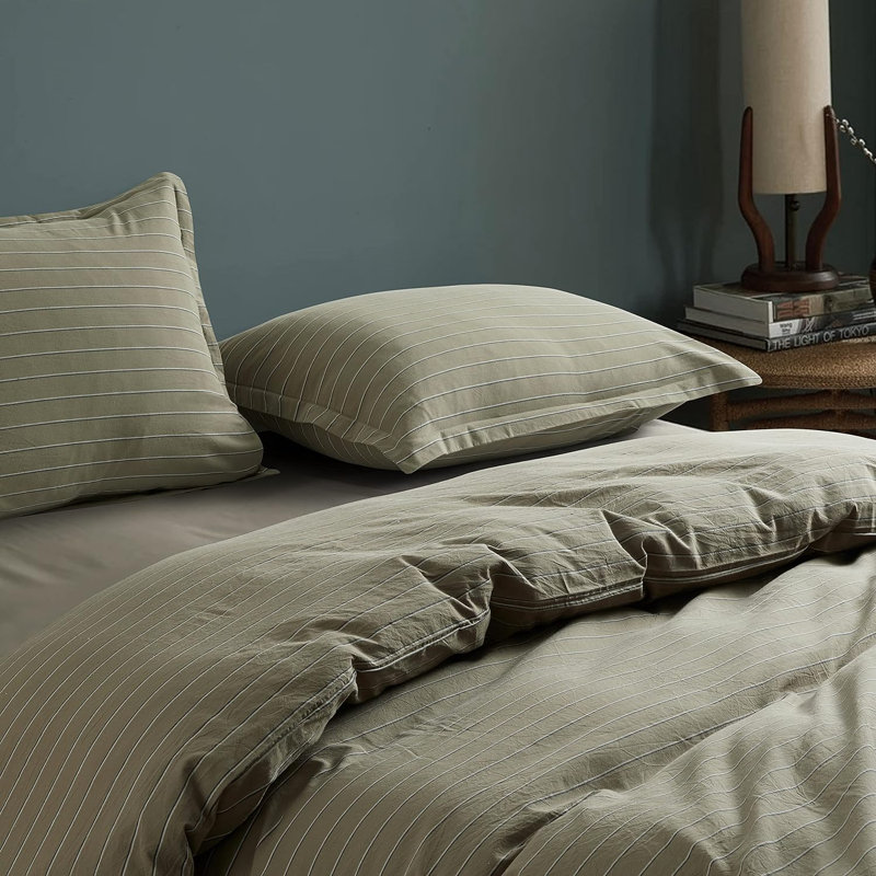 Dione Striped Yarn Dyed Washed Cotton Chambray Duvet Cover Set, King Duvet Cover + 2 King Shams