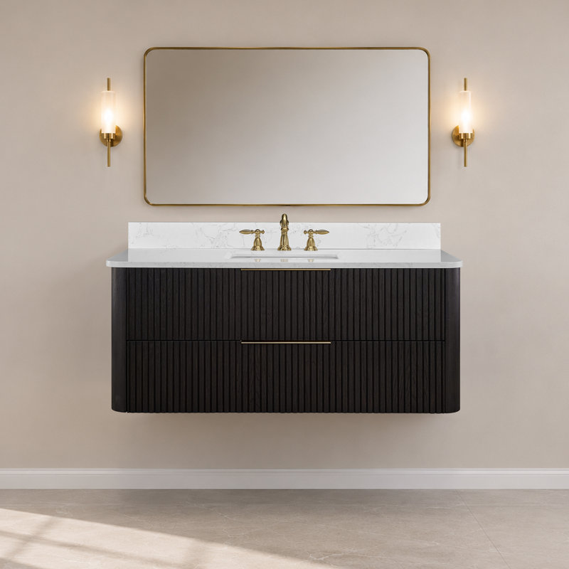 Meuble-lavabo flottant 48 po avec lavabo, meuble-lavabo mural cannelé, comptoir en faux marbre, tiroir à fermeture en douceur, entièrement assemblé, chêne noir