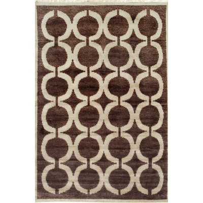 6x9 Brown Hand-Knotted Wool Bamboo Silk Linked Circles Design Tribal Modern Contemporary Carpet Rug