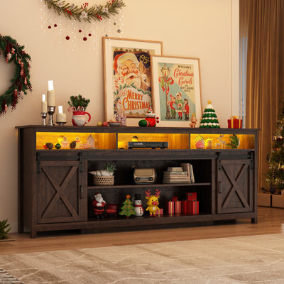 Meuble télé 80 po en bois de style campagnard pour téléviseur 85/90 po, meuble télé avec console de rangement double couche, douilles à deux rangées et 2 portes de grange coulissantes, boîte de jonction pour câbles