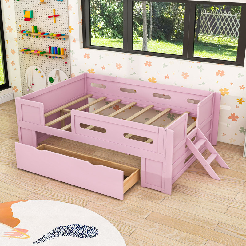 Lit plateforme avec garde-corps et tiroir de rangement, Lit double, Rose