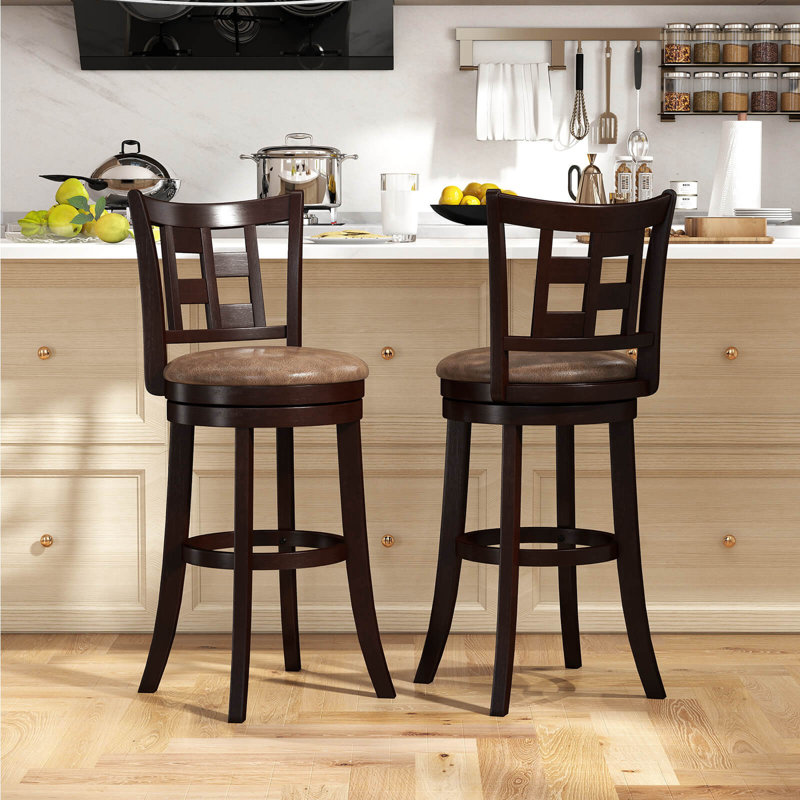 Set Of Bar Stools Swivel Bar Chairs With Footrest, Lattice Backrest, 2, Bar Stool (30” Seat Height)