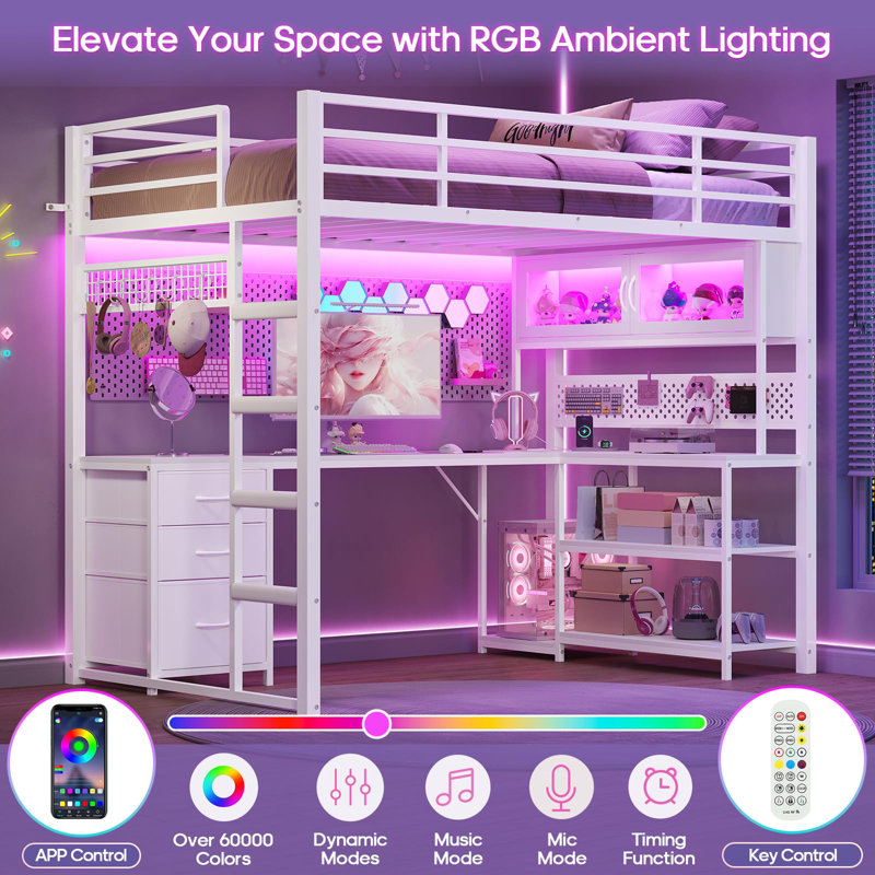 Loft Bed With L-shaped Gaming Desk, Hutch & Storage Drawers And Charging Station, Metal Loft Bed Frame With Rgb Lights, White