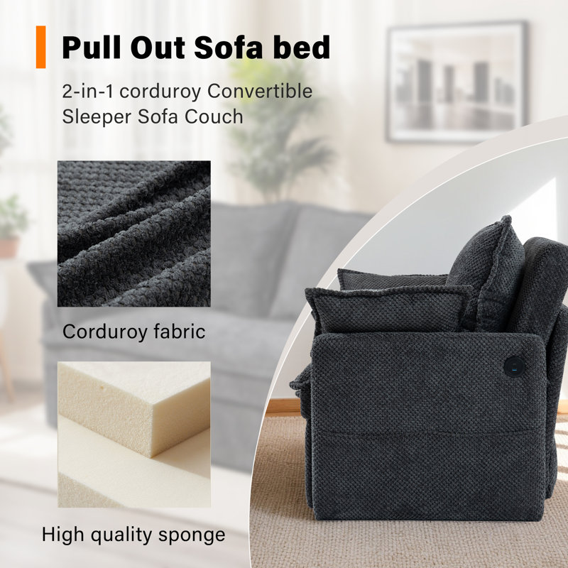 59.5" Convertible Sofa Bed 2-in-1 Upholstered Reclining Sleeper Sofa Couch Bed with Side Storage and USB/C-TYPE
