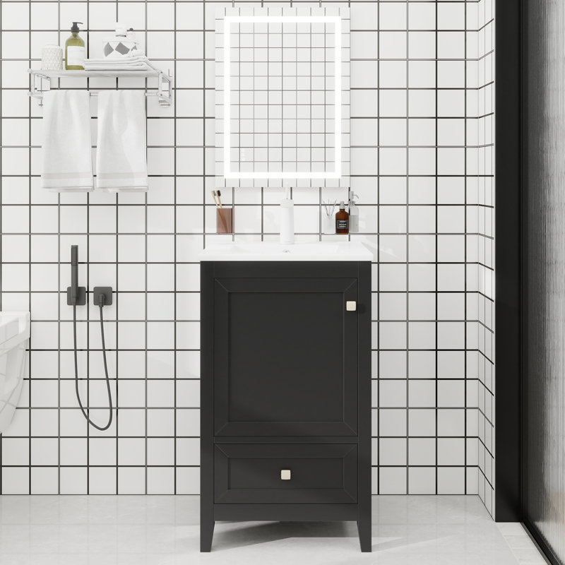 Meuble-lavabo de 20 po avec lavabo, armoire de salle de bain avec porte à fermeture douce, support de rangement et tiroir