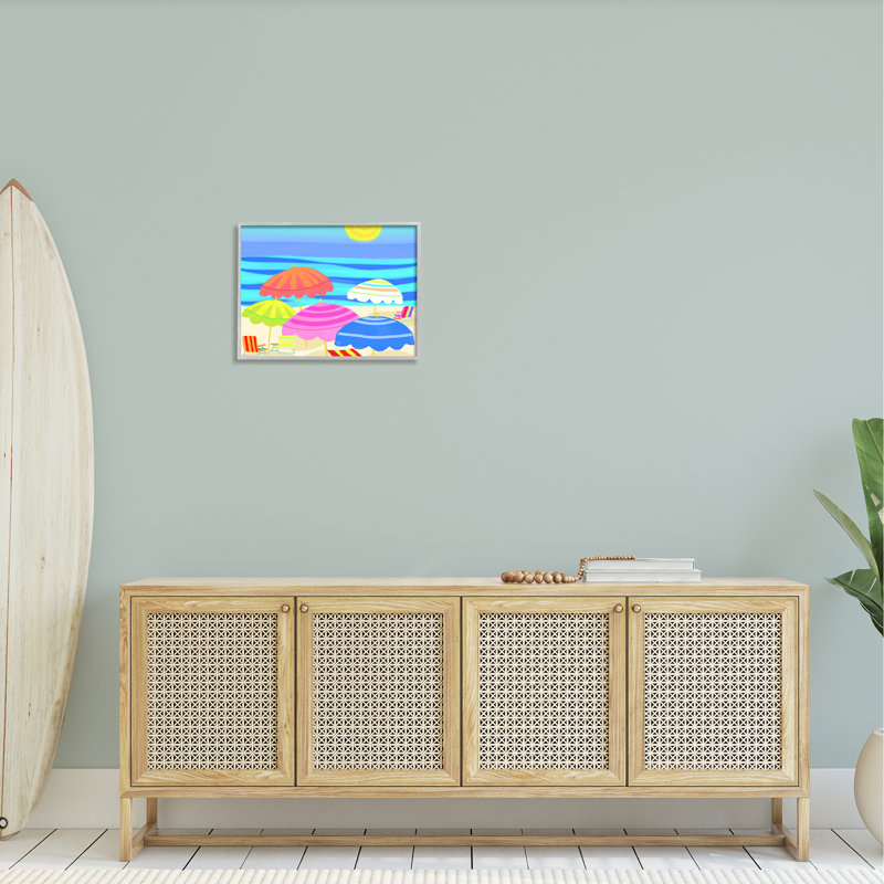 «Vibrant Sun Umbrellas Summer Beach Shore Scene» par Maret Hensick - cadre photo, impression sur bois