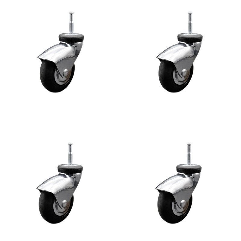 3 Inch Chrome Hooded Neoprene Rubber 5/16 Inch Grip Neck Stem Casters Set of 4