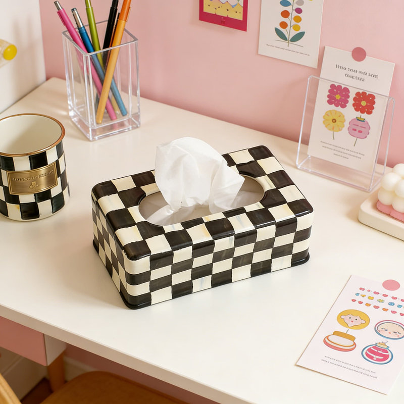 Elegant Tissue Box Cover For Home Decor, Hand-Painted Black And White Checkered Pattern, Decorative Holder For Standard Tissue Boxes