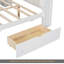 Lit plateforme en bois pleine grandeur avec tablettes de rangement, tiroirs, station de charge, DEL, bureau et tête de lit tapissier, coussin blanc et beige-787589222-787589221