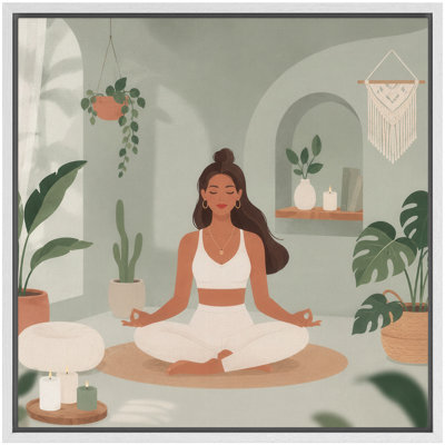 Boho Meditation Woman Botanical Wellness Framed Canvas Master Bedroom Wall Art Work Print