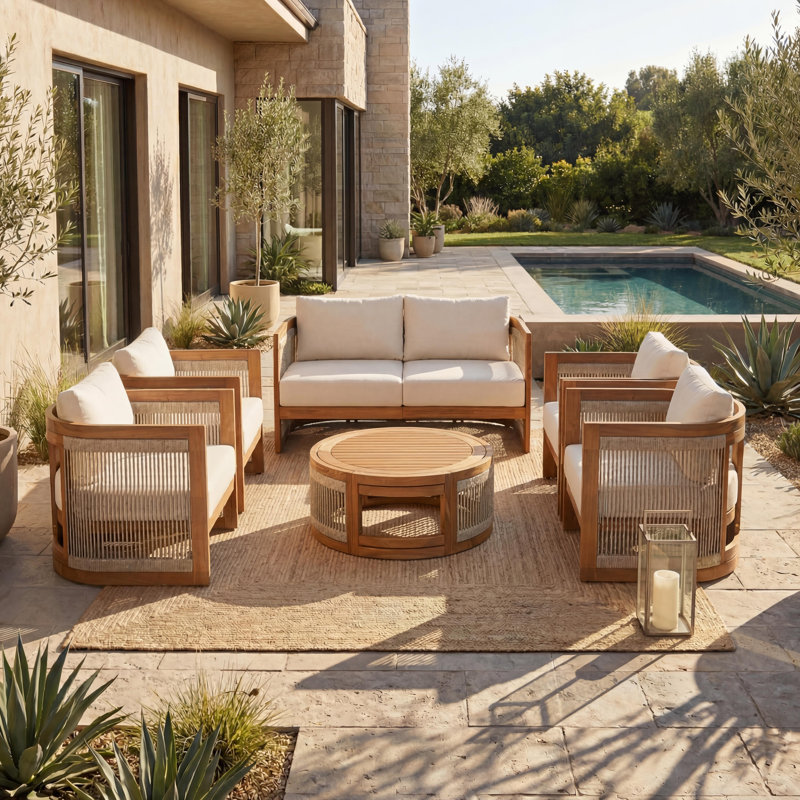 Ensemble de conversation d'extérieur en bois d'acacia pour 6 personnes avec corde tissée et coussins hydrofuges Aldo, Beige