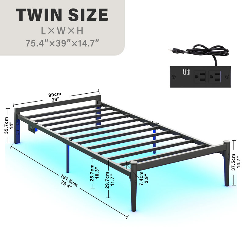 Base de lit plateforme avec station de charge USB Breylynn 14 lumières RVB, Lit simple