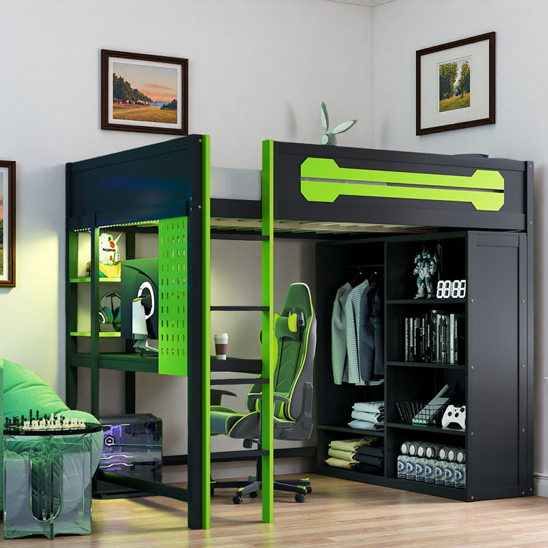 Lit mezzanine en bois avec bureau, garde-robe ouverte et lumière RVB, Vert