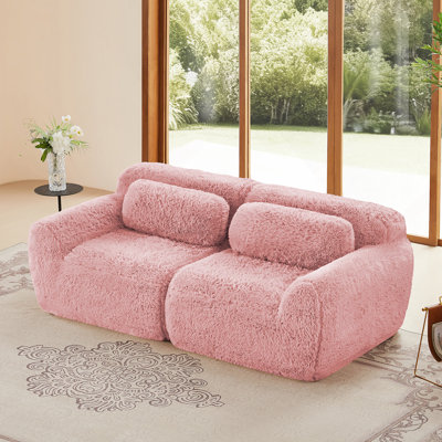 2-Seater Modular Sectional Sofa Couches,Soft Fluffy Plush Fabric Bottom Anti-Slip Design,32D High Density Sponge,No Assembly Required Ergonomic Design,With Throw Pillows Fits Living Rooms,Pink