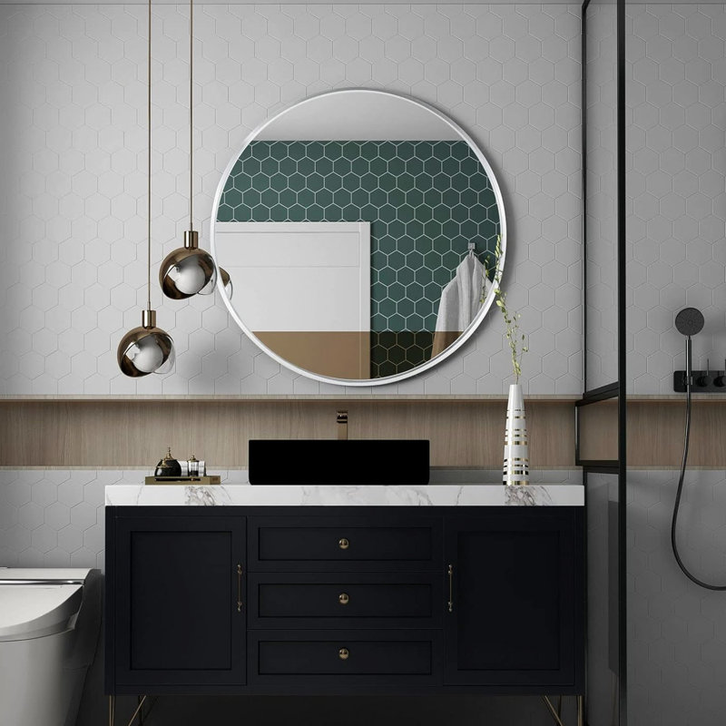 Miroir de salle de bain 32 "rond en métal noir pour mur. (W2203134044), H 32 po x l 32 po, Noir, Rond
