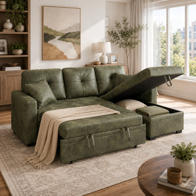 Reversible Sectional Sleeper Sofa with Pull-Out Bed and Storage Chaise, L-Shaped 3-Seater High-Tech Fabric Couch
