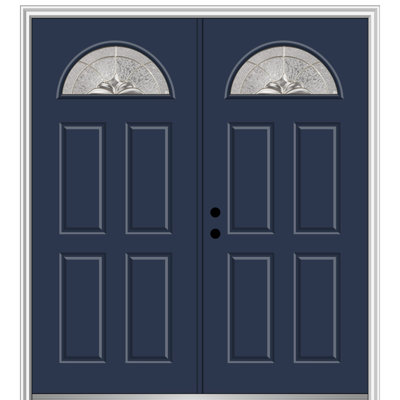 Fiberglass 4-Panel Exterior Double Heirlooms Door with 1/4 Fan Lite