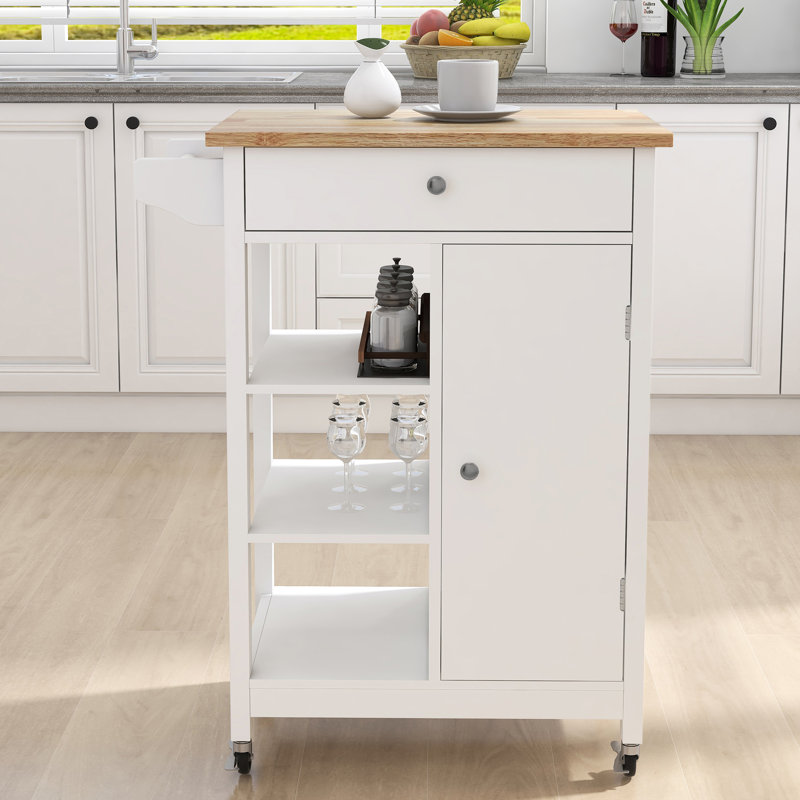 Gillette Multi-Functional Kitchen Island With Board And Extra Storage Trolley Solid Rubber Wood Tabletop