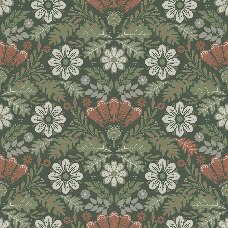Beaulah Klockrike Floral Motifs 10.05m x 53cm Wallpaper Roll, Olive/White/Red
