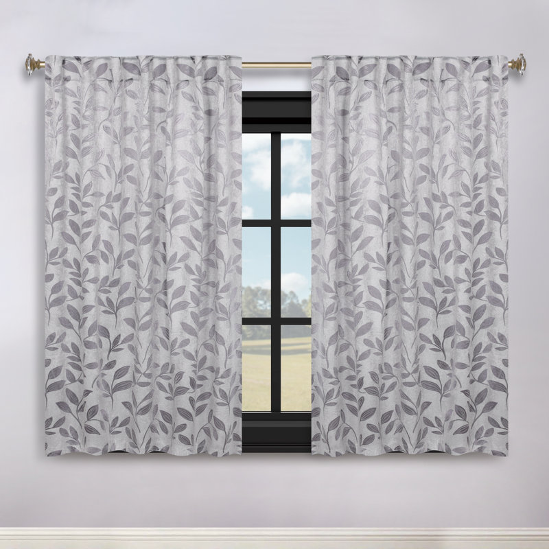  Rideaux occultant 100% polyester à motif de feuilles, Gris, L 52 po x L 84 po
